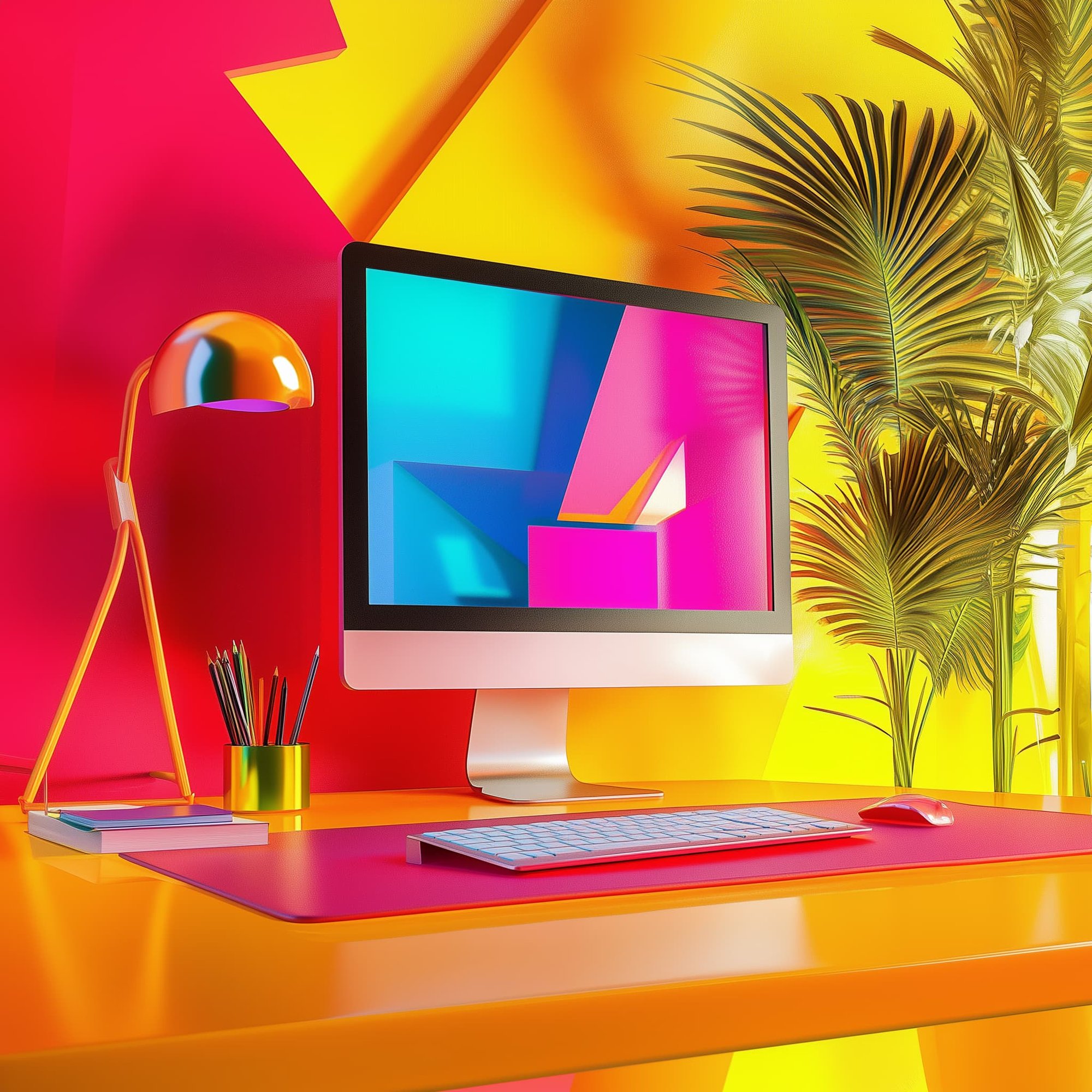a colorful computer displaying an abstract digital ad