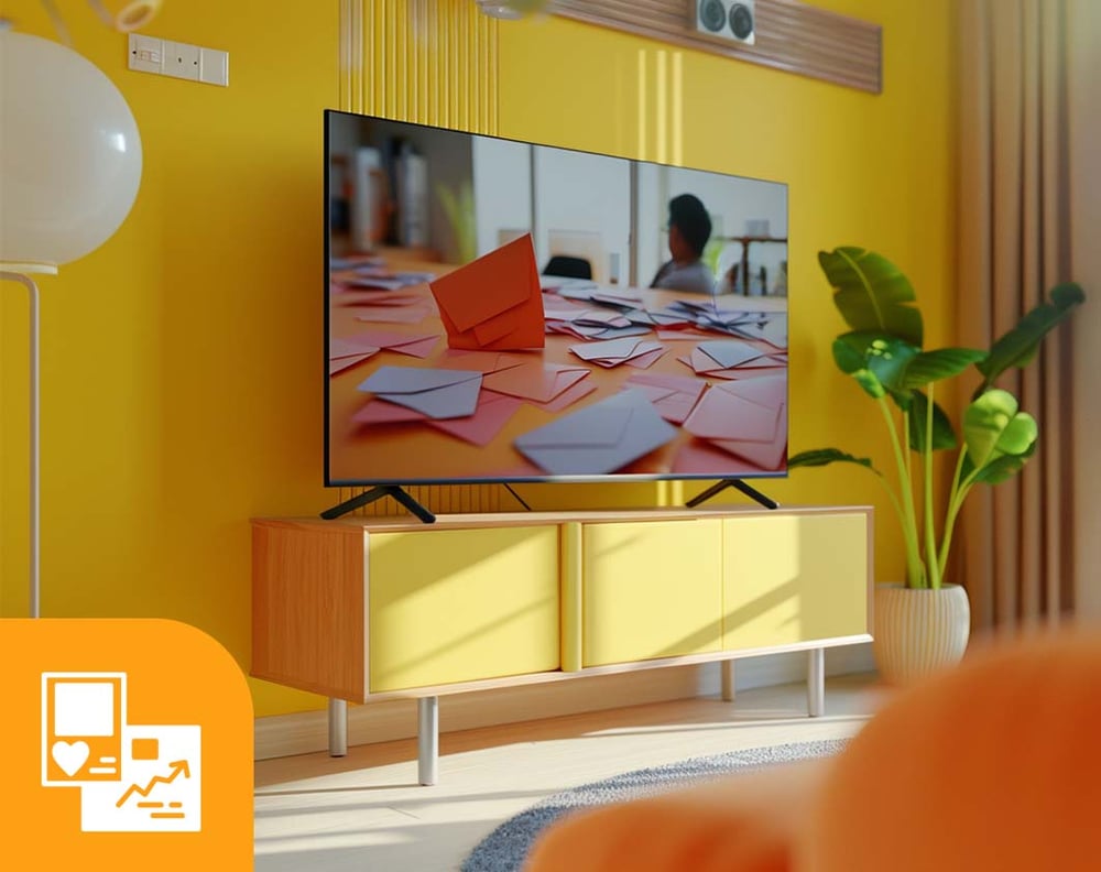 large tv screen on a yellow entertainment center and yellow wall