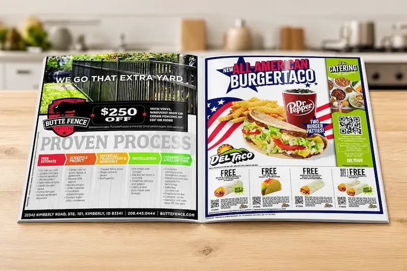Shared mail booklet open on a kitchen counter, featuring ads for fencing and Del Taco.