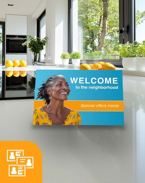 new mover smart card on a countertop with a welcome message, image has smart card icon overlay
