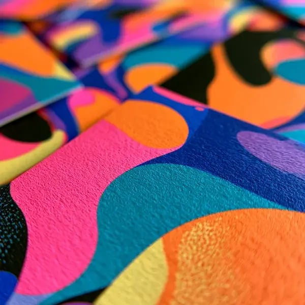 Colorful abstract printed materials layered together with bold patterns, stripes and geometric shapes.