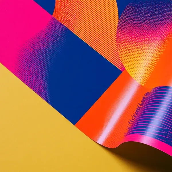 Colorful abstract printed materials layered together with bold patterns, stripes and geometric shapes.