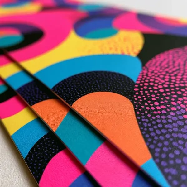 Colorful abstract printed materials layered together with bold patterns, stripes and geometric shapes.