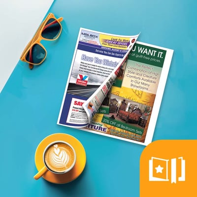 a shared mail insert on a colorful tabletop