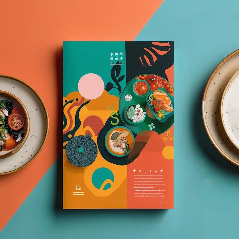 a colorful direct mail piece, possibly for a restaurant, with bright colors, bold shapes, and indiscernible text and imagery.