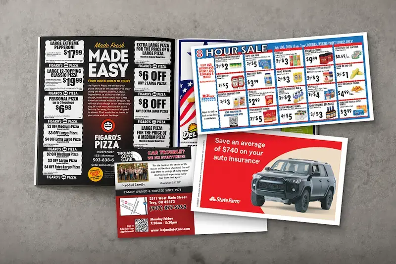 Collection of direct mail pieces featuring grocery, restaurant, auto insurance and automotive service promotions.
